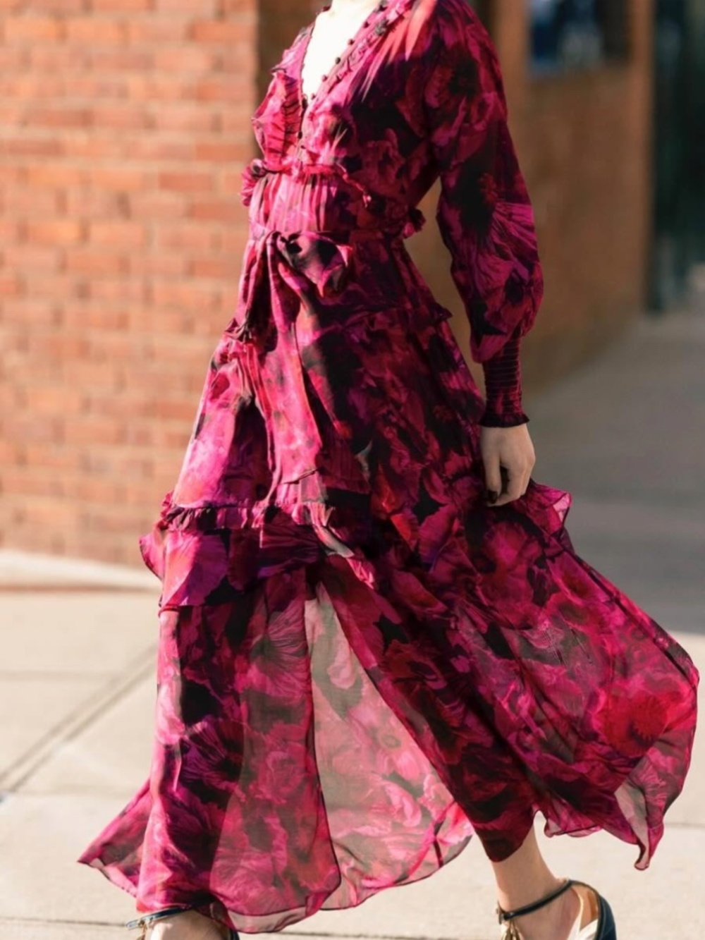 MARCHESA Rosa Leilani Floral Tiered Maxi Dress Long Sleeve V-Neck Fuchsia Size16 - Picture 12 of 15